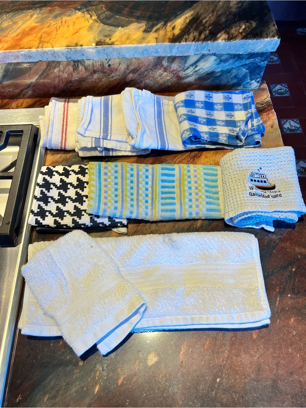 Assorted Kitchen Towels - Blue, White, Black, Yellow Patterns
